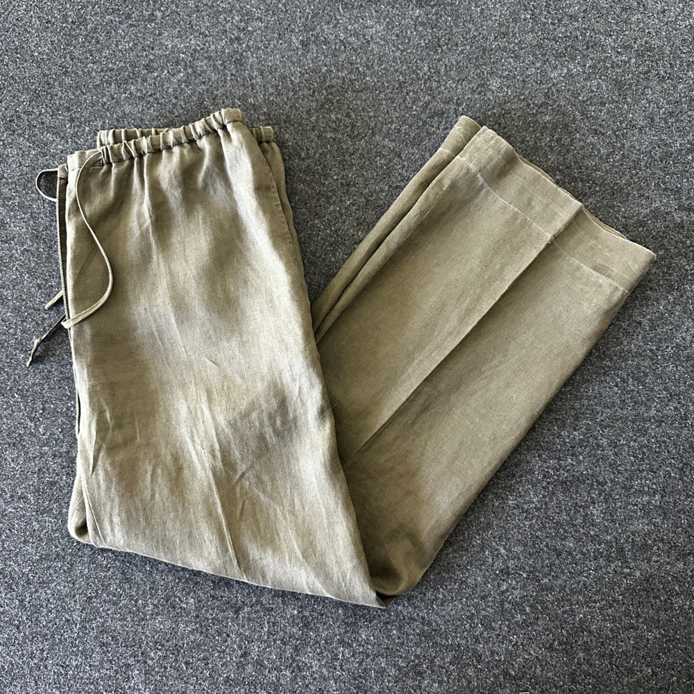 Brooks Brothers Womens Olive Green 100% Linen Wide Leg Drawstring Pants Size M